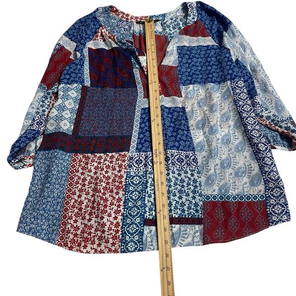 Zac & Rachel Womens Top Size Large Red White Blue Sheer Chiffon Floral Geometric - Picture 7 of 9